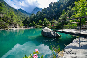 Fototapeta premium Goynuk canyon in Antalia, Turkey with turquoise river water and mountains. Selective focus. 