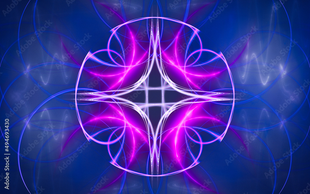 Poster abstract illustration of a computer generated fantastic emblem in various shapes and shades on a bla