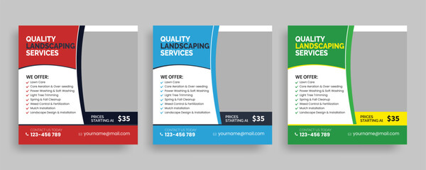 Creative social media post design template, social media kit landscaping lawn care, best lawn care Service square banner template, cleaning lawn mowing garden flyer