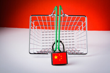 Chinese icon with china sanctions closed ban. Business finance background.
