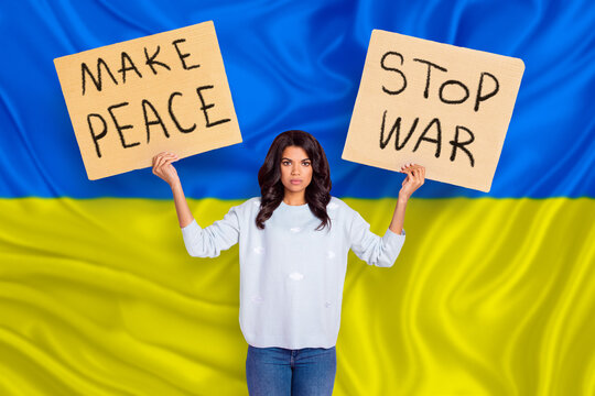 Young activist girl stand central square strike support Ukraine civilians government ask EU NATO close sky isolated in front of yellow blue colors background - Powered by Adobe