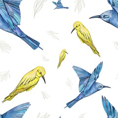 Naklejka premium Seamless pattern with the image of yellow and blue birds. An idea for textiles, wallpaper, clothing, or packaging material.