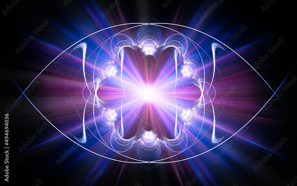 Poster abstract illustration of a computer generated fantastic star in various shapes and shades on a black