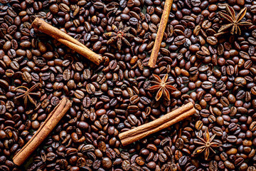 Roasted coffee beans, background image, spices, cinnamon, coriander