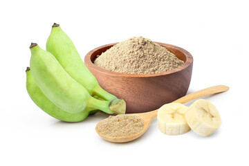 Banana flour (banana protein powder) in wooden bowl and spoon with fresh fruit isolated on white...