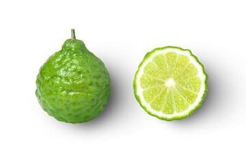 Bergamot fruit with half sliced isolated on white background. Top view. Flat lay. - obrazy, fototapety, plakaty