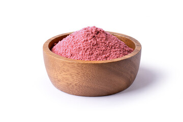 Bio fruit protein pink powder in wooden bowl isolated on white background. 