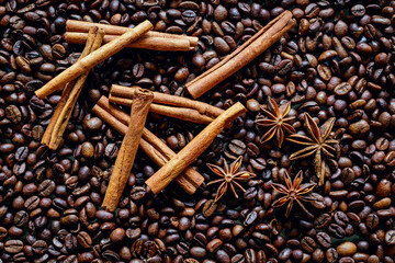 Roasted coffee beans, background image, spices, cinnamon, coriander
