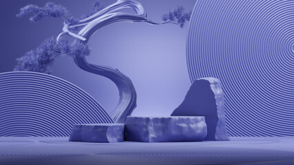 podium de style japonais et bonsaï avec un fond de couleur très péri pour la présentation du produit. illustration de rendu 3d.