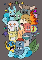 Hand-drawn illustrations, monsters doodle, Hand Drawn cartoon monster illustration,Cartoon crowd doodle hand-drawn Doodle style.