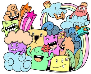 Hand-drawn illustrations, monsters doodle, Hand Drawn cartoon monster illustration,Cartoon crowd doodle hand-drawn Doodle style.