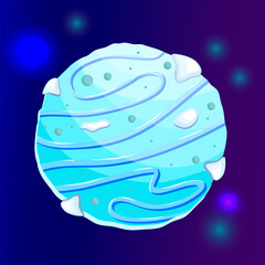 Fantasy planet ice cartoon with star. Blue magic snow round planet. Cartoon vector illustration. Ui design.