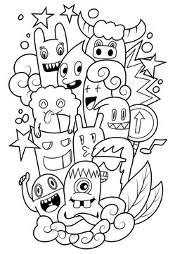 Hand-drawn illustrations, monsters doodle, Hand Drawn cartoon monster illustration,Cartoon crowd doodle hand-drawn Doodle style.black and white stripes coloring book