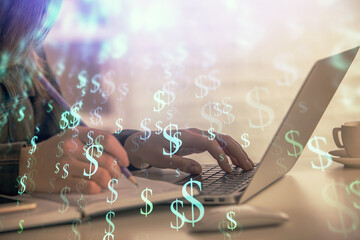 Double exposure of businesswoman hands typing on computer and forex graph hologram drawing. Financial analysis concept.