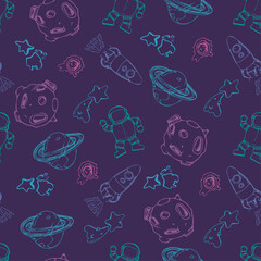 Space seamless pattern print design for kids with cosmic elements, rockets, tars, planets, spaceships. design for fashion fabrics, textile graphics, prints. Hand drawn solar system.