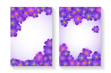 Purple flowers vector cards set, violet floral wedding invitation card templates.