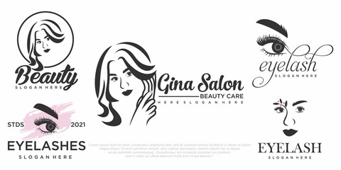 women beauty and eyelashes icon set logo design