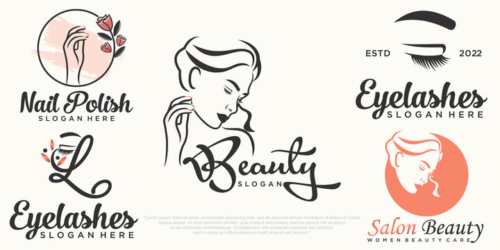 women beauty , eyelashes and nails icon set logo design