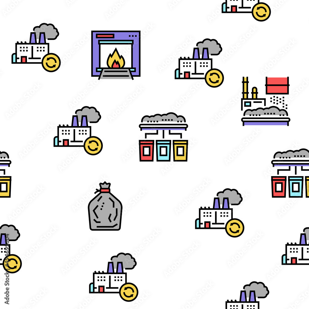 Poster factory garbage waste vector seamless pattern thin line illustration