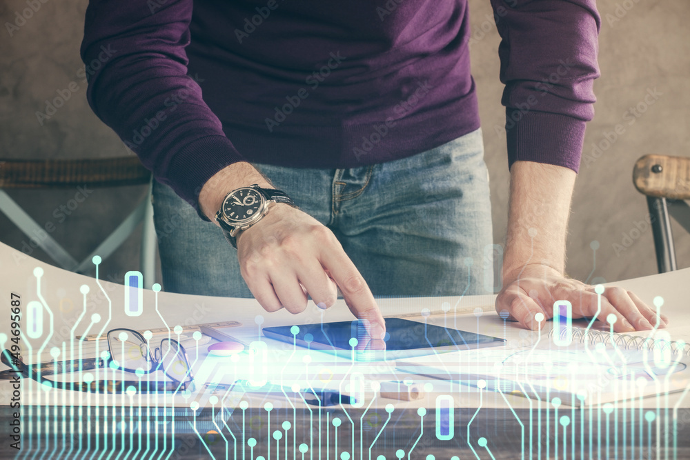 Poster Double exposure of man's hand holding and using a digital device and data theme drawing. Technology concept.