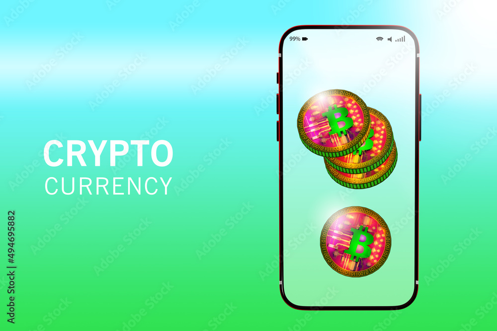 Poster crypto currency. mobile technology for use of bitcoins. bitcoin coins in phone screen. crypto curren
