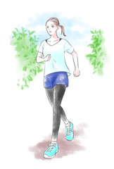 Jogging woman drawn in digital watercolor (with background)