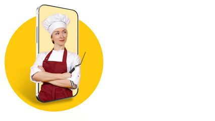 Chef cook in smartphone. Woman cook on phone. Website for chefs concept. Copy space near chef wpman. Application for training cooks. Girl pastry cook on white-yellow. Mobile application for chef.
