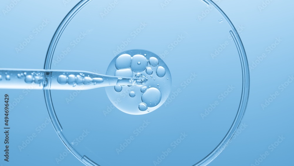 Wall mural close up view macro shot of gel with different sized bubbles comes out from lab dropper into petri d