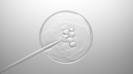 Grayscale top view macro shot of air bubbles coming out from lab dropper and floating on the...