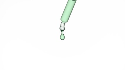 Drop of green transparent liquid is dripping from lab dropper on white background | Abstract face...