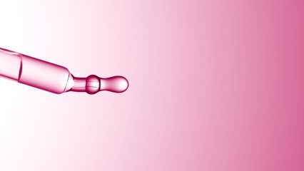 Macro shot of chemical dropper oriented horizontally with hanging drop of clear transparent liquid on pale pink background | Abstract body care lotion ingredients mixing concept