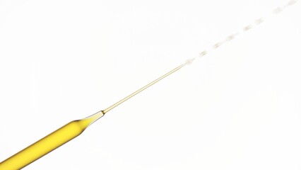 Macro shot of yellow liquid is flowing up from lab dropper on white background | Abstract skin care...