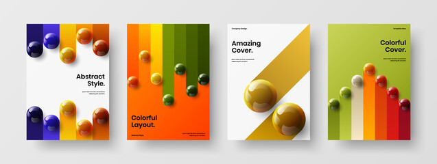 Naklejka premium Abstract catalog cover A4 vector design layout bundle. Clean realistic spheres pamphlet illustration set.