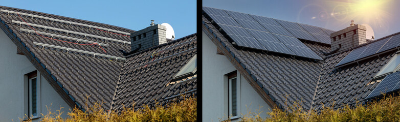 Demonstration of the installation of solar panels on the roof of a house. Before and after.