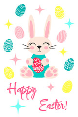 Fototapeta premium Cute cartoon rabbit with colorful Easter eggs. Children's drawing with pencil texture for traditional greeting cards and posters. Vector illustration in bright colors with the inscription