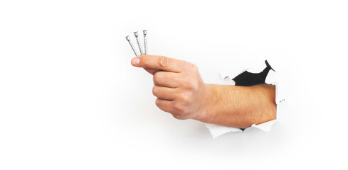 Furniture confirmations in man's hand on white background