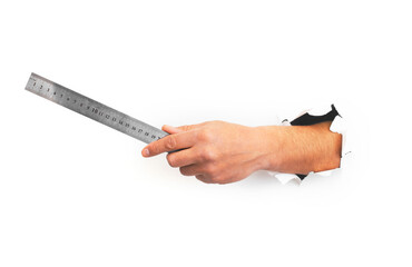 Hand holding a ruler on white background