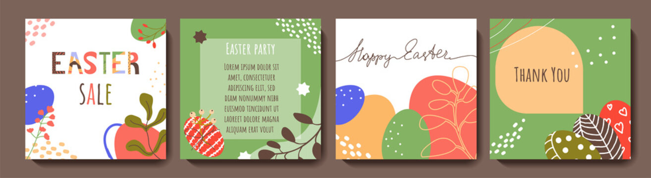 Happy Easter greeting card set. Cute spring backgrounds with eggs, flowers, organic dots and shapes. Color flat vector templates for social media post, online internet ad, cover, invitation, postcard