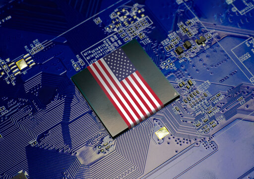 USA flag on CPU operating chipset computer electronic circuit board