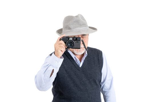 Happy asian elderly old man hobby photographer travel portrait copy space for your advertisement or promotional text on isolated white background, People lifestyle concept.