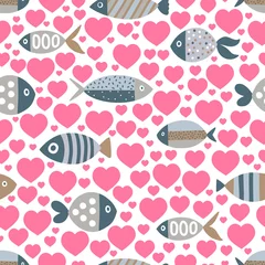 Gardinen Nahtloser herbst Lovers of fish. Vector seamless pattern with white fish on blue background and red hearts. Can be used for fabrics, textiles, scrapbooking and backgrounds.  © vyazovskaya