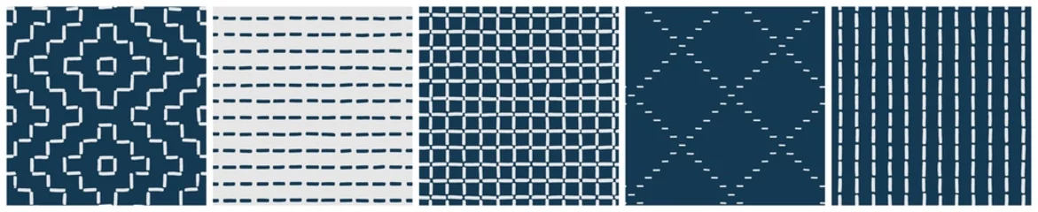 Fotobehang Japanese sashiko embroidery seamless pattern set. Navy and off-white vector repeat designs for textile, wrapping or poster background. Traditional geometric stitching ornaments. © Letters Patterns etc