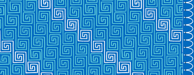Greek key seamless pattern and scallop border set in aqua blue and white traditional mediterranean colors for fashion fabric or keepsake product wrapping. Colorful background for sea holiday poster.