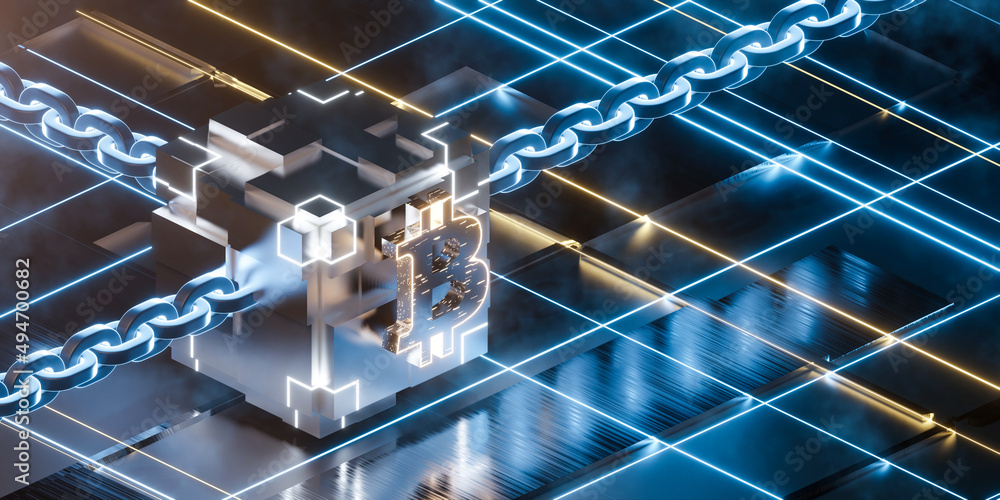 Poster 3d rendering concept cryptocurrency and blockchain technology illustration. bitcoin symbol with glow