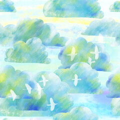 Fototapeta na wymiar clouds with birds on the color background pattern