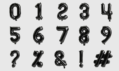 Number table and mark 3d illustration black balloon isolated on white background