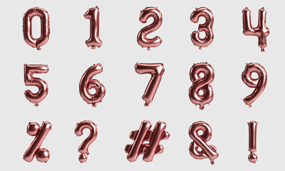 number table and mark 3d illustration of metalic rose gold balloons isolated on white background