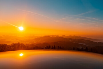 Obraz premium Beautiful winter sunset at Kostenz, Bavarian forest, Bavaria, Germany