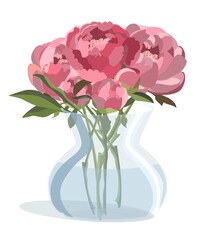 Bunch of pink peonies in round glass vase with water. Isolated on white background