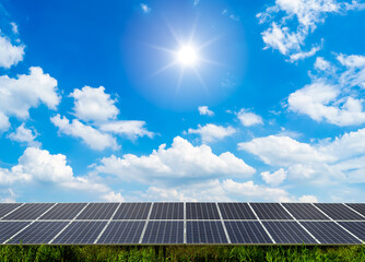 photovoltaic solar power panel on dramatic sunset blue sky background, green clean Alternative...